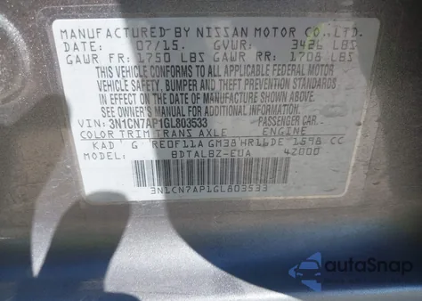 2016 Nissan Versa 1.6 S/1.6 S+/1.6 Sl/1.6 Sv из США, поврежденный, VIN 3N1CN7AP1GL803533